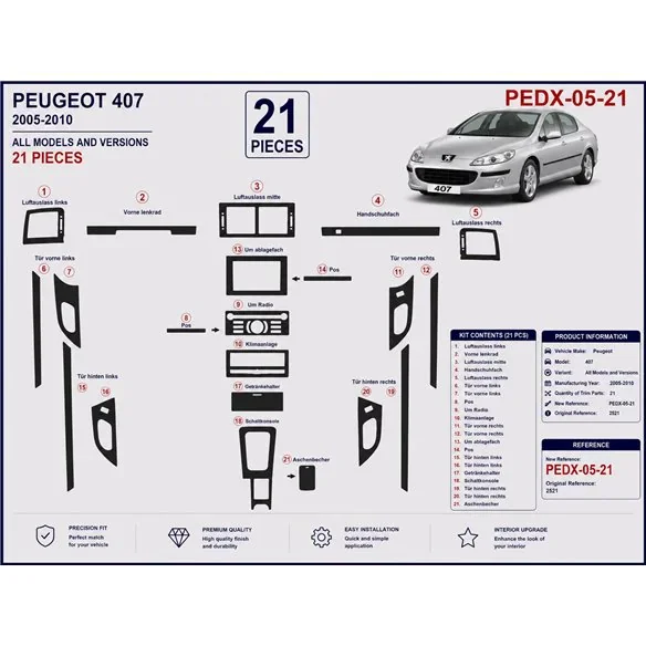 Peugeot 407 Doors 2005-2010 3D Armaturenbrett-Dekor-Set, 21 Teile