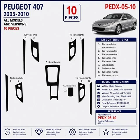 Peugeot 407 Doors 2005-2010 3D Armaturenbrett-Dekor-Set, 10 Teile