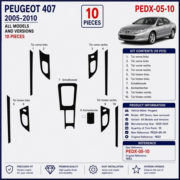 Peugeot 407 Doors 2005-2010 3D Armaturenbrett-Dekor-Set, 10 Teile