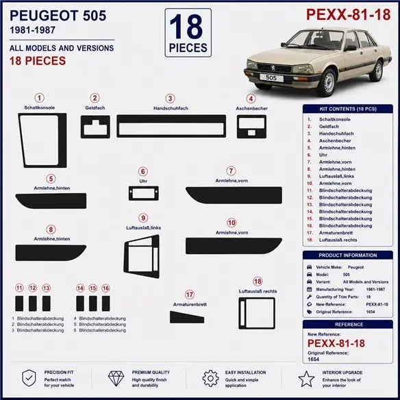 Peugeot 505 1981-1987 3D Armaturenbrett-Dekor-Set, 18 Teile