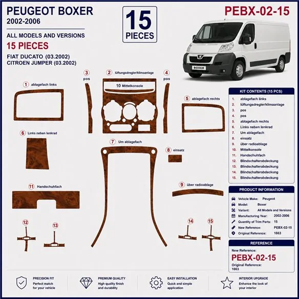 Peugeot Boxer 2002-2006 3D Armaturenbrett-Dekor-Set, 15 Teile