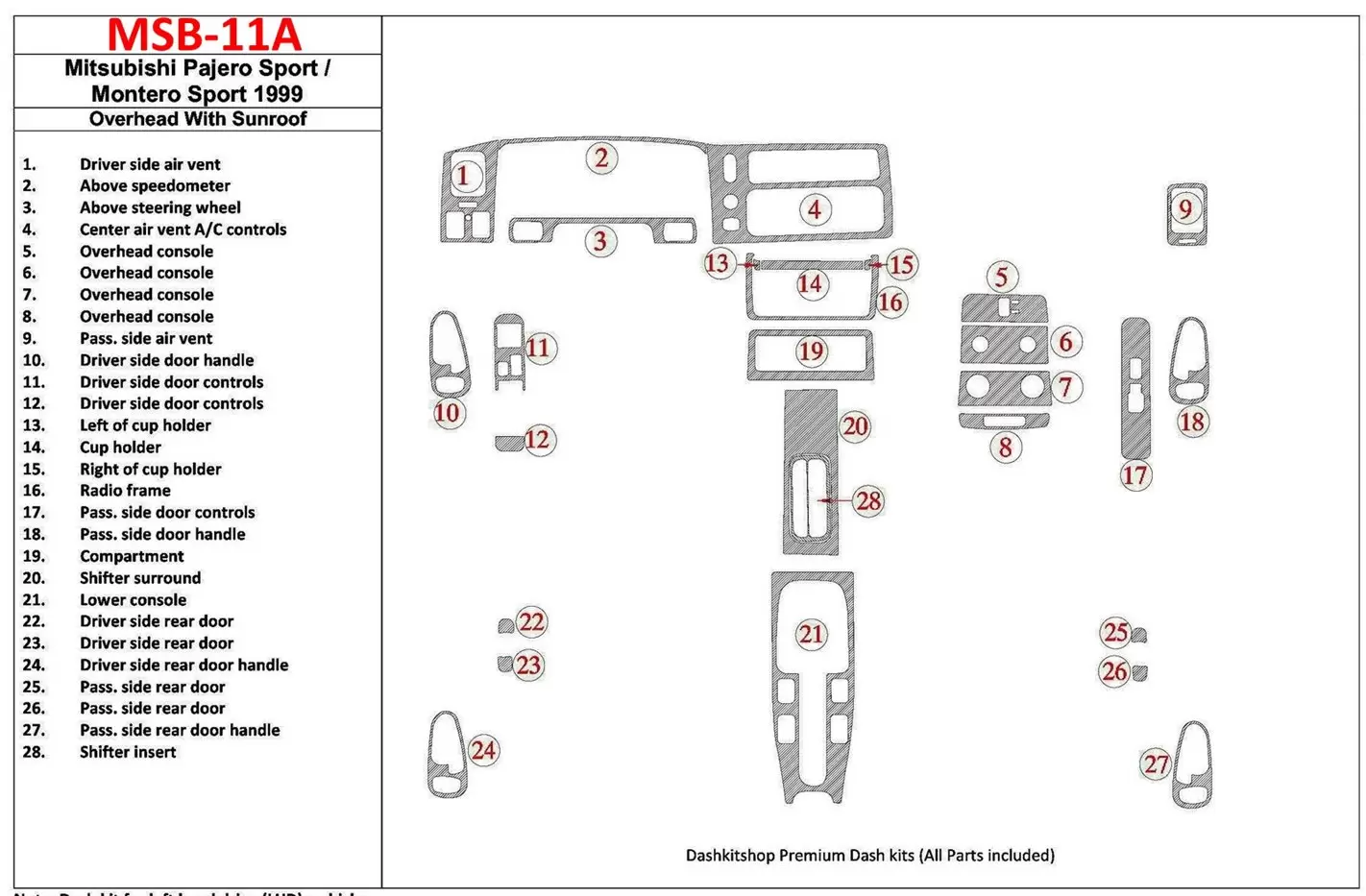 Mitsubishi Pajero Sport/Montero Sport 1998-2008 Overhead With Sunroof, 28 Parts set BD innenausstattung armaturendekor cockpit d