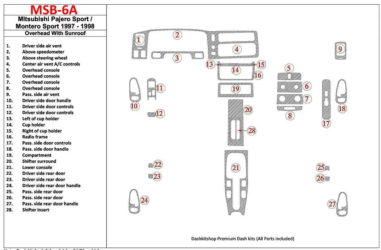 Mitsubishi Pajero Sport/Montero Sport 1998-2008 With Overhead, With Sunroof, 28 Parts set BD innenausstattung armaturendekor coc