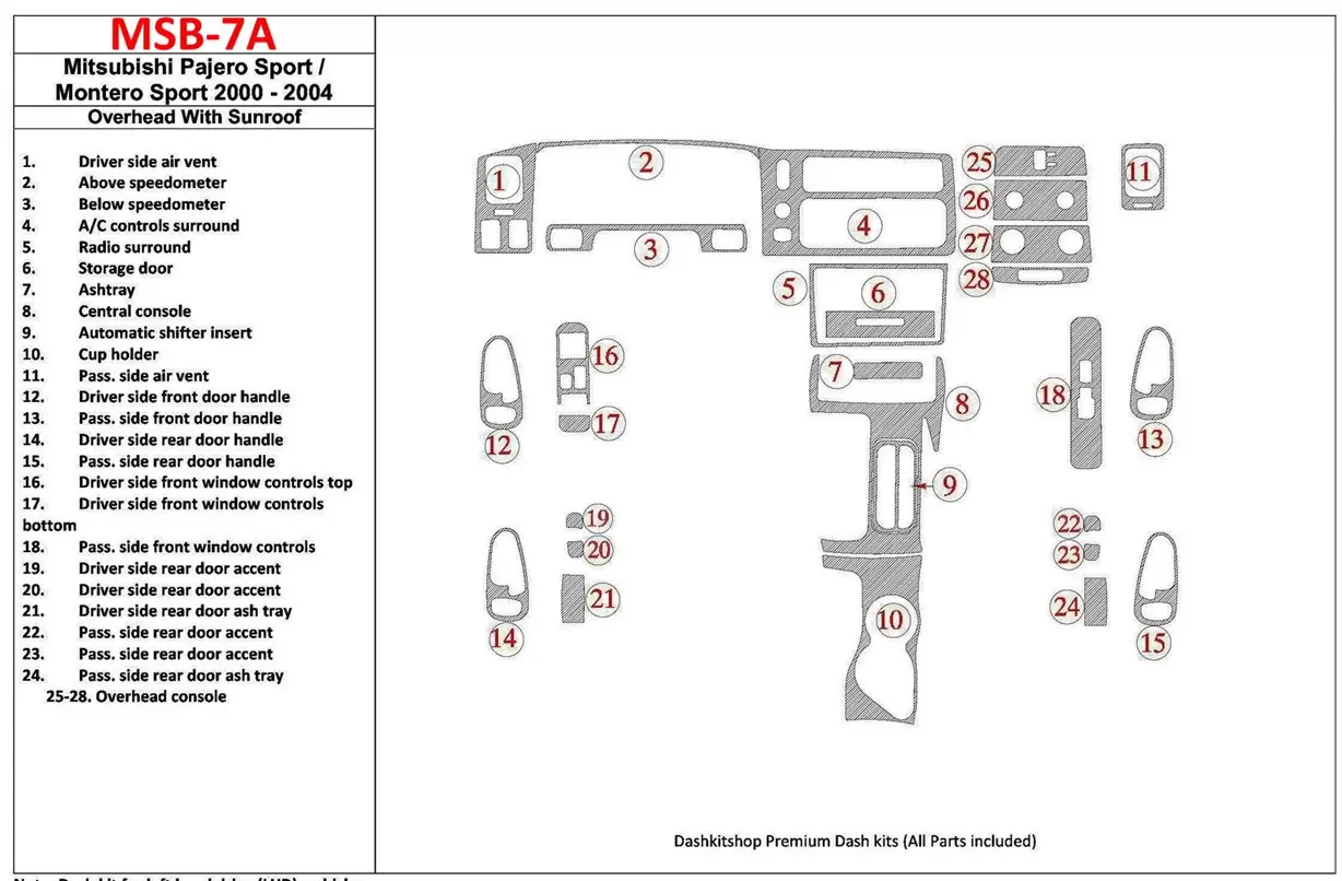 Mitsubishi Pajero Sport/Montero Sport 1998-2008 With Overhead, With Sunroof, 28 Parts set BD innenausstattung armaturendekor coc