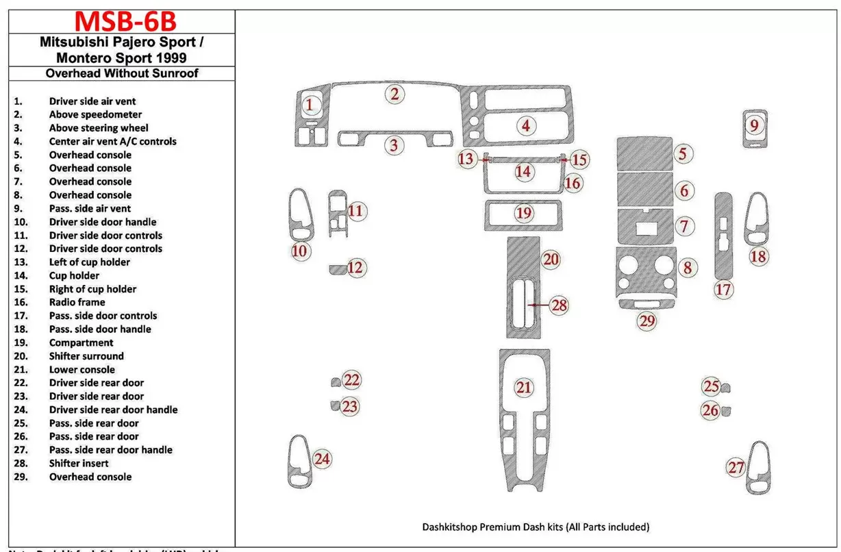 Mitsubishi Pajero Sport/Montero Sport 1998-2008 With Overhead, Without Sunroof, 29 Parts set BD innenausstattung armaturendekor 