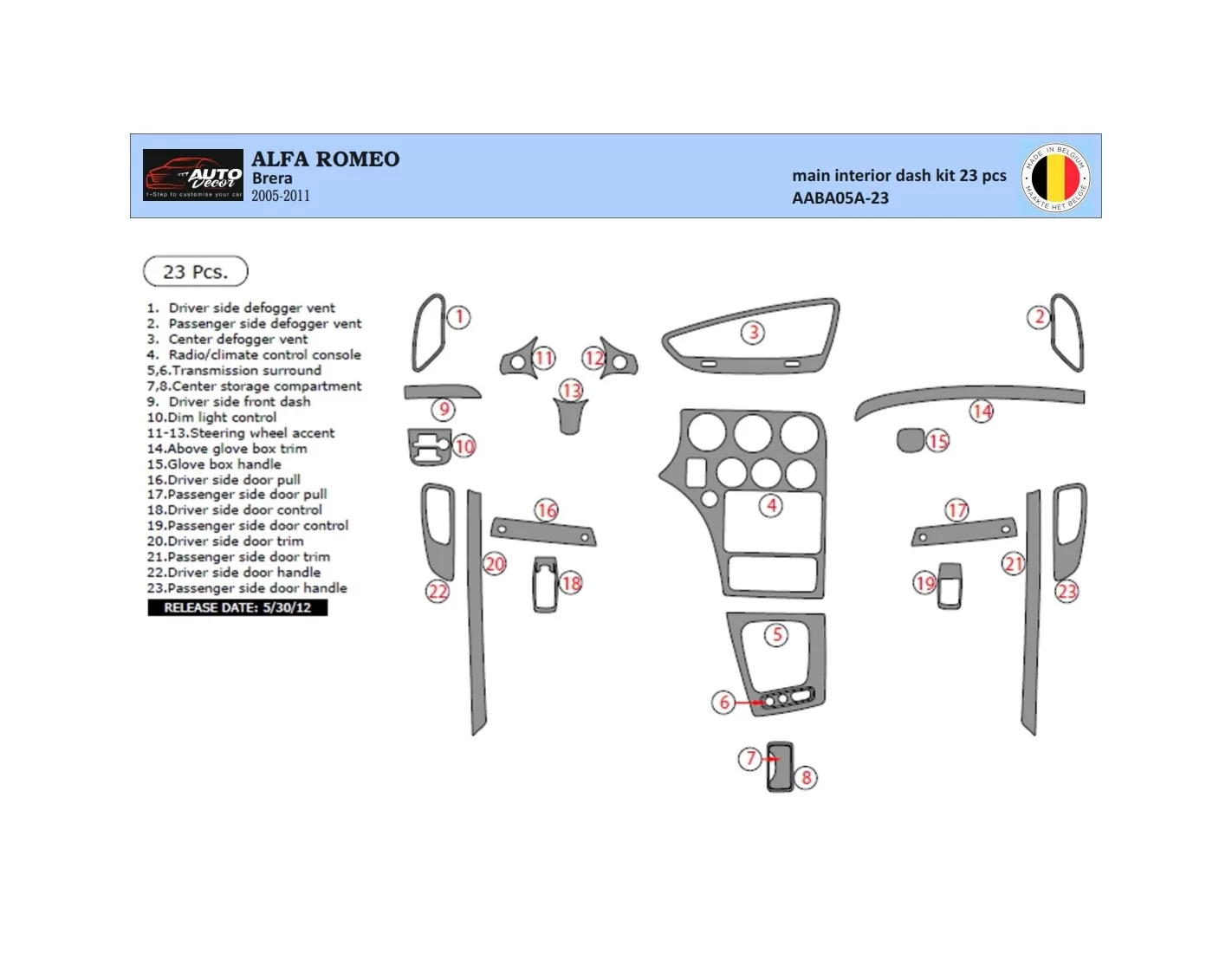 Alfa Romeo Brera 2005-2011 Mittelkonsole Armaturendekor Cockpit Dekor 22 -Teile
