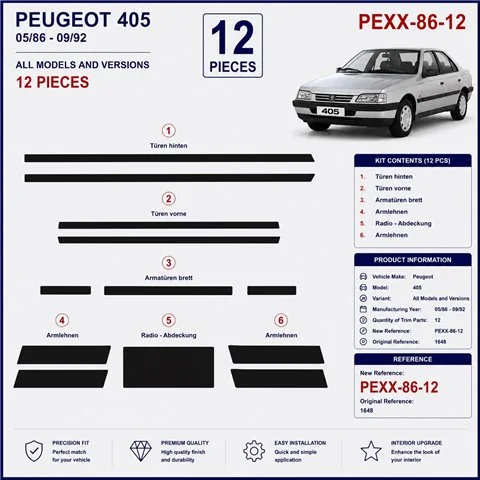 Peugeot 405 1986-1992 3D Armaturenbrett-Dekor-Set, 12 Teile 2