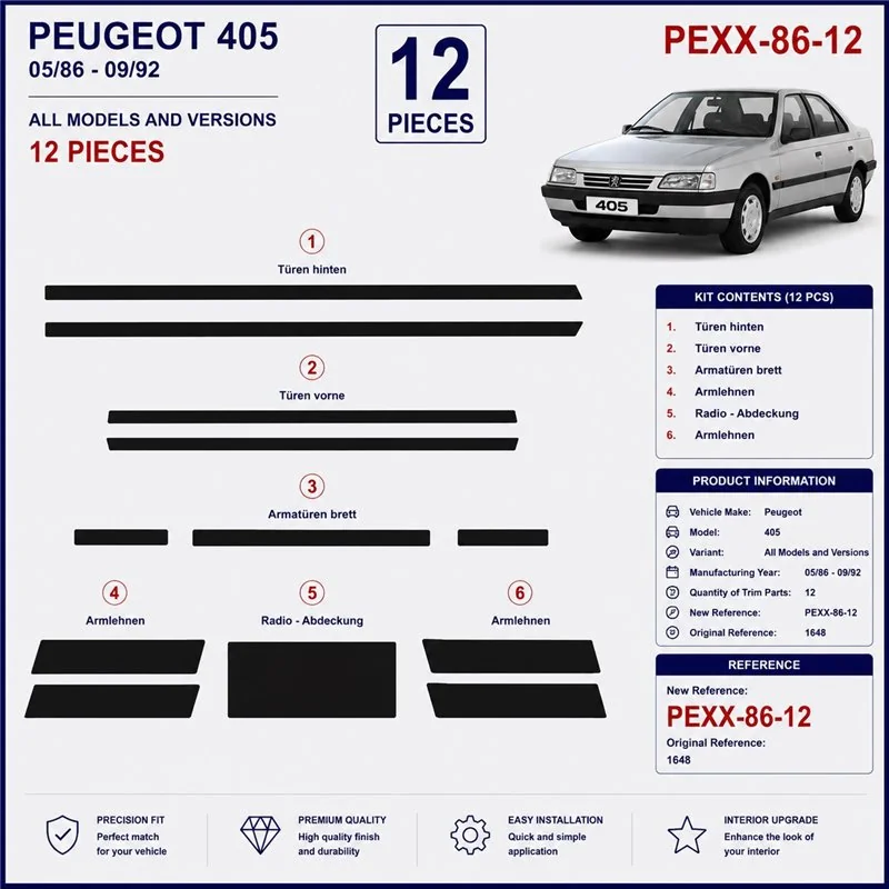 Peugeot 405 1986-1992 3D Armaturenbrett-Dekor-Set, 12 Teile