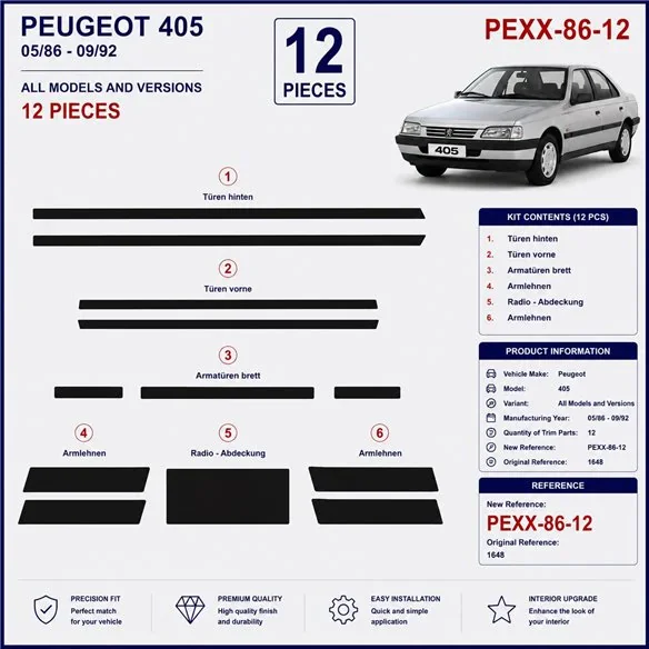 Peugeot 405 1986-1992 3D Armaturenbrett-Dekor-Set, 12 Teile