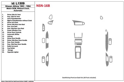 Nissan Altima 1993-1994 Automatic Gearbox, Without watches, OEM Match, 19 Parts set BD innenausstattung armaturendekor cockpit d