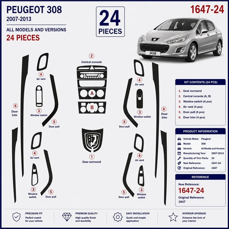 Peugeot 308 2007-2013 3D Armaturenbrett-Dekor-Set, 24 Teile