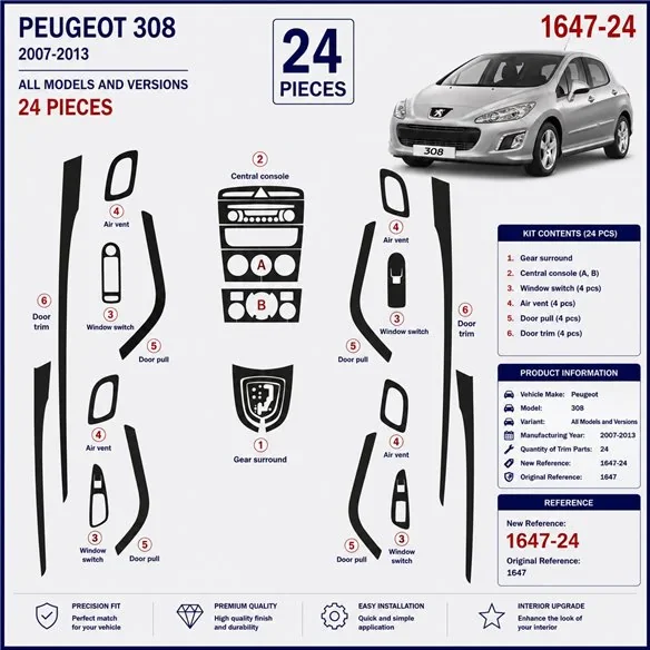 Peugeot 308 2007-2013 3D Armaturenbrett-Dekor-Set, 24 Teile