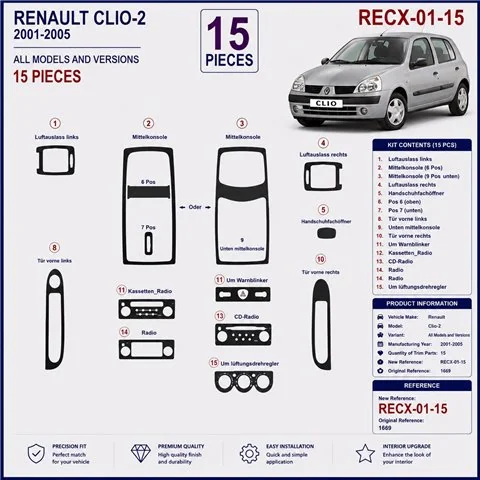 Renault Clio-2 2001-2005 3D Armaturenbrett-Dekor-Set, 15 Teile 2