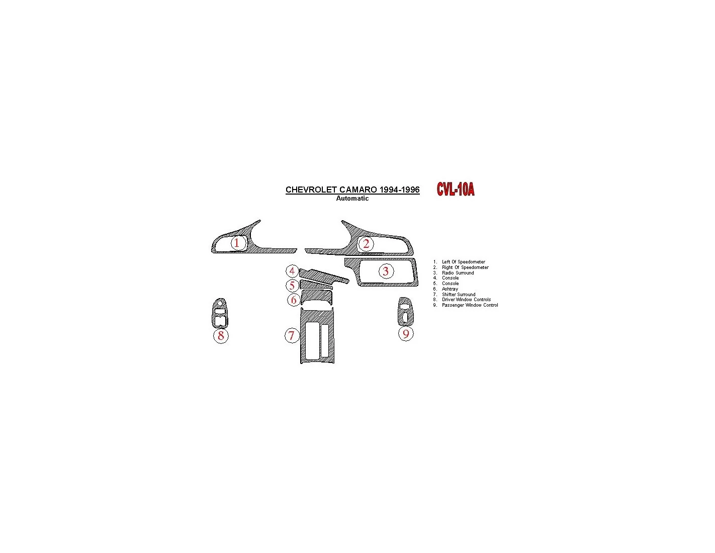Chevrolet Camaro 1994-1996 Automatic Gearbox, 9 Parts set BD innenausstattung armaturendekor cockpit dekor