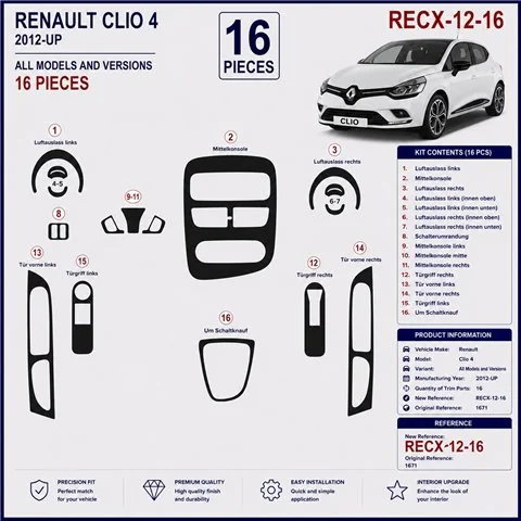 Renault Clio-4 2012+ 3D Armaturenbrett-Dekor-Set, 16 Teile 2