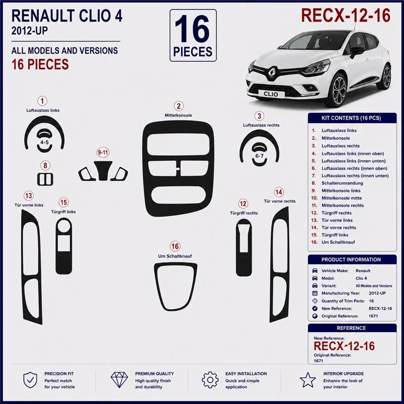 Renault Clio-4 2012+ 3D Armaturenbrett-Dekor-Set, 16 Teile