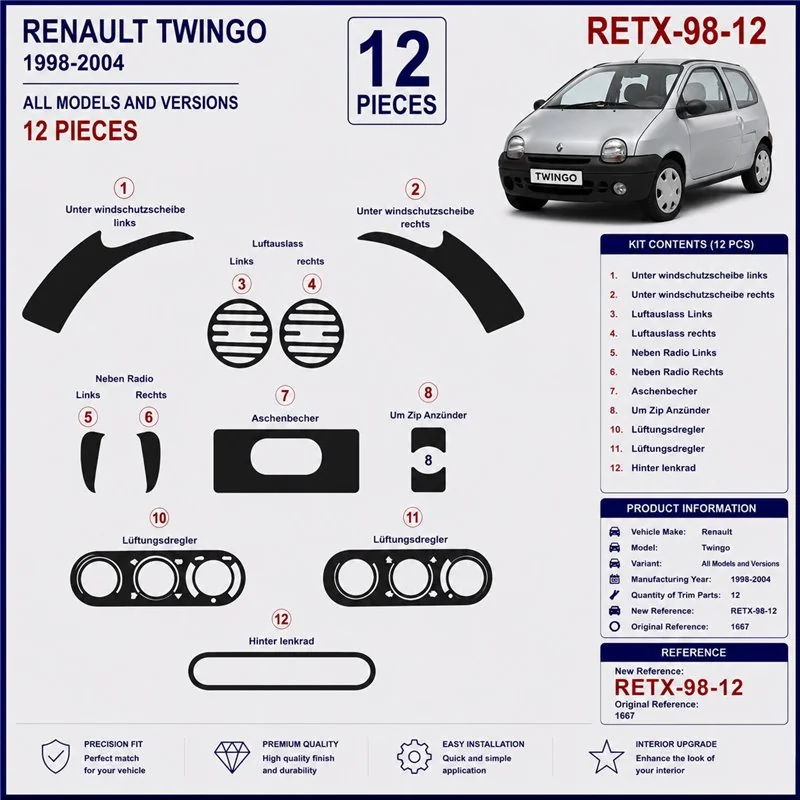 Renault Twingo 1998-2004 3D Armaturenbrett-Dekor-Set, 12 Teile