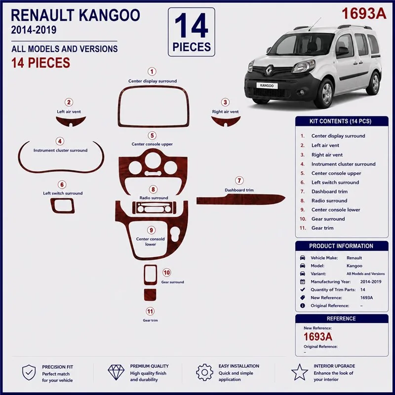 Renault Kangoo 2013-2019 3D Armaturenbrett-Dekor-Set, 14 Teile