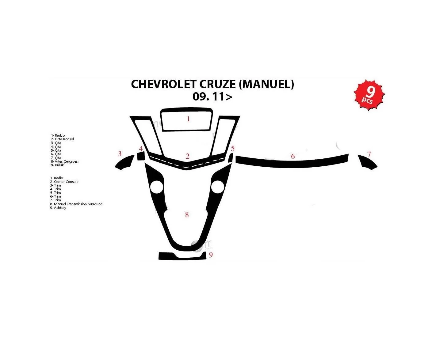 Chevrolet Cruse Manuel 2009 Mittelkonsole Armaturendekor Cockpit Dekor 9-Teilige - 1- Cockpit Dekor Innenraum