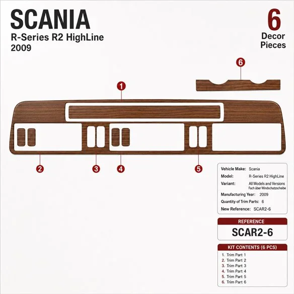 Scania R-Series R2 HighLine 2009 3D Armaturenbrett-Dekor-Set, 6 Teile
