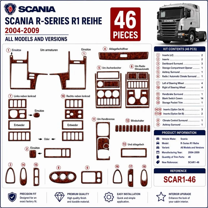 Scania R-Series R1 Reihe 2004-2009 3D Armaturenbrett-Dekor-Set, 46 Teile