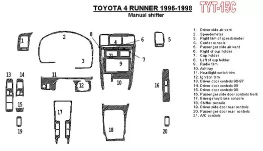 Toyota 4 Runner 1996-1998 Manual Gearbox, 21 Parts set BD innenausstattung armaturendekor cockpit dekor - 1- Cockpit Dekor Innen Toyota 4 Runner 1996-1998 Manual Gearbox, 21 Parts set BD innenausstattung armaturendekor cockpit dekor - 1- Cockpit Dekor Innen