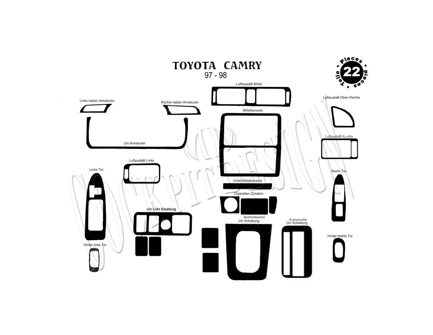 Toyota Camry 12.97-12.99 Mittelkonsole Armaturendekor Cockpit Dekor 24-Teilige - 1- Cockpit Dekor Innenraum
