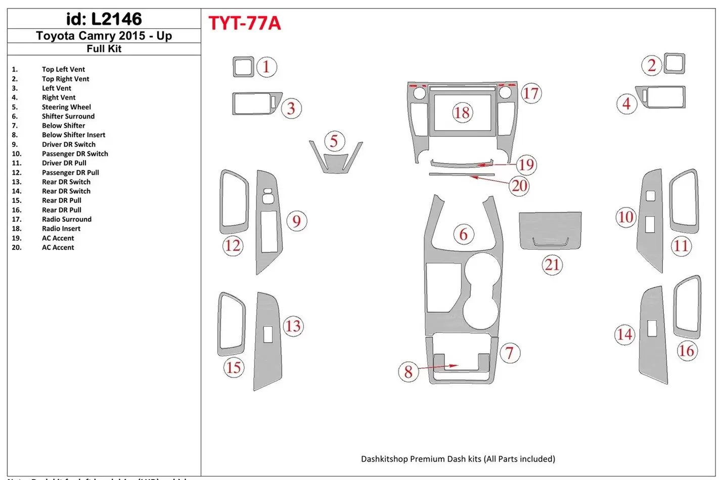 Toyota Camry 2015-UP Voll Satz BD innenausstattung armaturendekor cockpit dekor - 1- Cockpit Dekor Innenraum