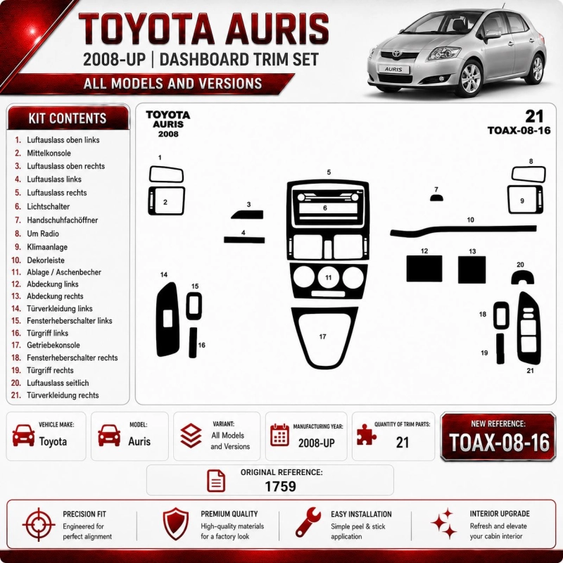 Toyota Auris 2008-heute 3D Cockpit Dekor Interieurleisten Set 16-teilig