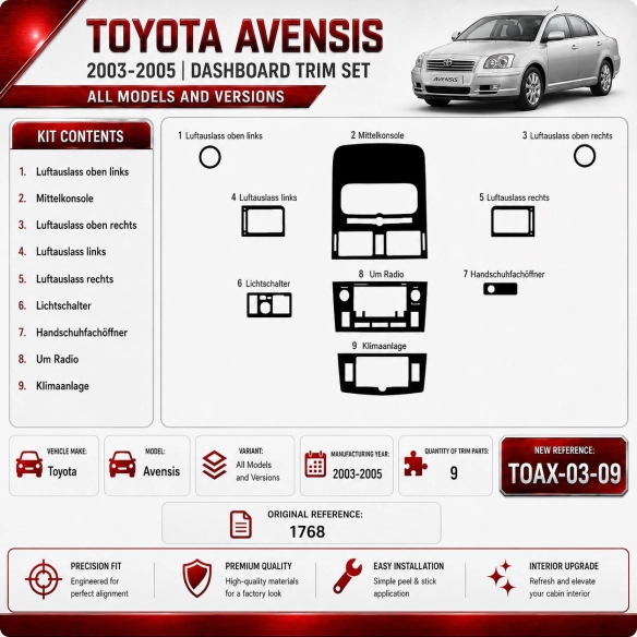 Toyota Avensis 2003-2005 3D Cockpit Dekor Interieurleisten Set 9-teilig