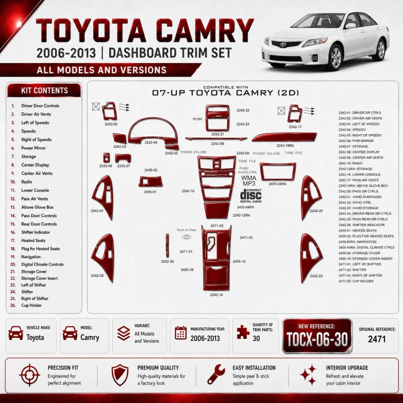 Toyota Camry 2006-2013 3D Cockpit Dekor Interieurleisten Set 30-teilig