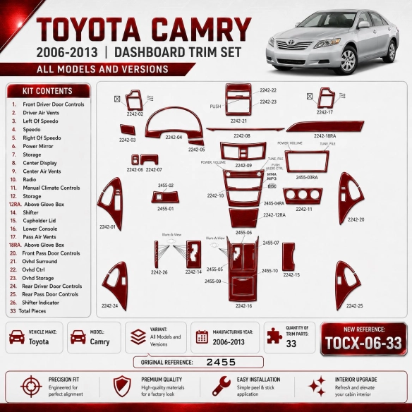 Toyota Camry 2006-2013 3D Cockpit Dekor Interieurleisten Set 33-teilig