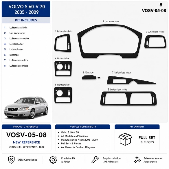 Volvo S 60-V 70 2005-2009 3D Cockpit Dekor Interieurleisten Set 8-teilig