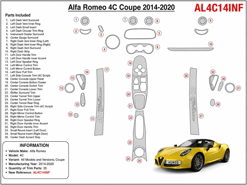 Alfa Romeo 4C Coupe 2014-2020 3D Armaturenbrett-Dekor-Set, 35 Teile