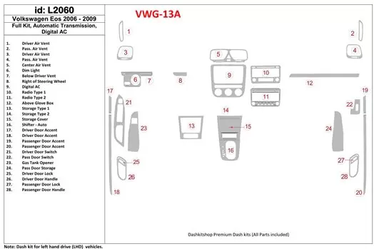 Volkswagen EOS 2006-UP Voll Satz, Automatic Gear BD innenausstattung armaturendekor cockpit dekor - 1- Cockpit Dekor Innenraum