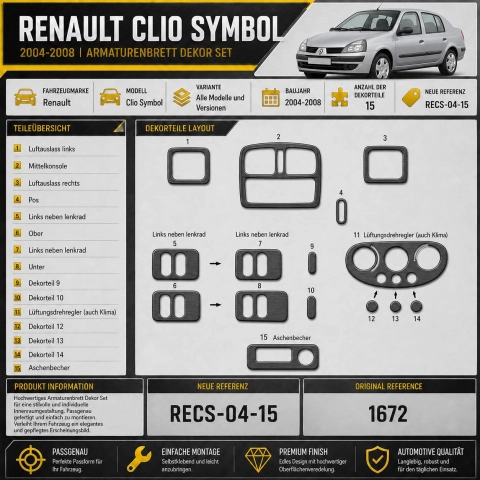 Renault Clio Symbol 2004-2008 3D Armaturenbrett-Dekor-Set, 15 Teile 2