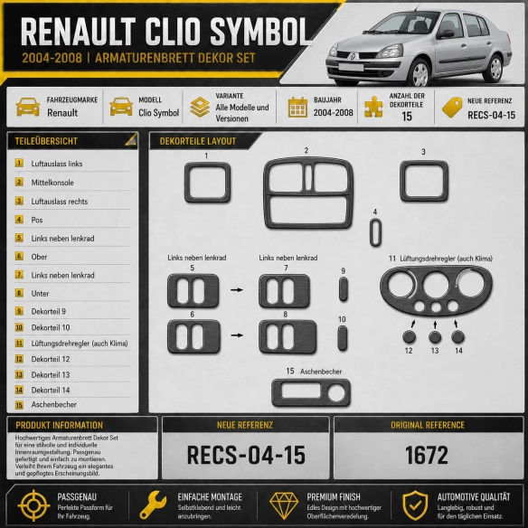 Renault Clio Symbol 2004-2008 3D Cockpit Dekor Interieurleisten Set 15-teilig