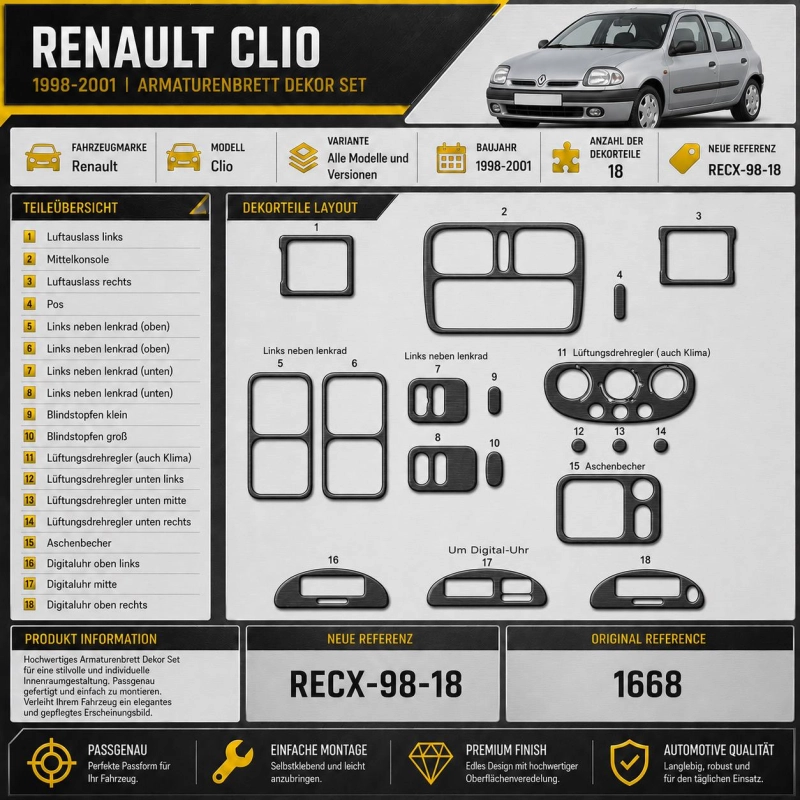 Renault Clio 1998-2001 3D Cockpit Dekor Interieurleisten Set 18-teilig