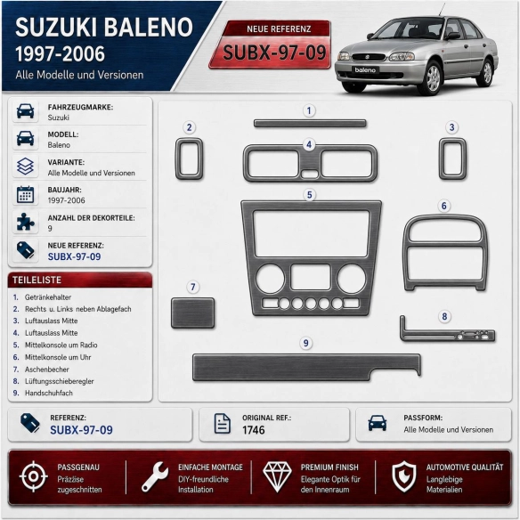 Suzuki Baleno 1997-2006 3D Cockpit Dekor Interieurleisten Set 9-teilig