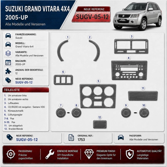 Suzuki Grand vitara 4x4 2005-heute 3D Cockpit Dekor Interieurleisten Set 12-teilig
