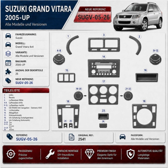 Suzuki Grand vitara 4x4 2005-heute 3D Cockpit Dekor Interieurleisten Set 26-teilig