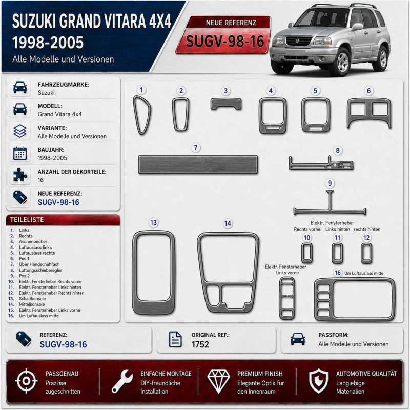 Suzuki Grand vitara 4x4 1998-2005 3D Cockpit Dekor Interieurleisten Set 16-teilig