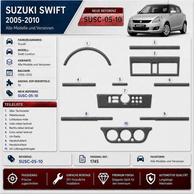 Suzuki Swift Comfort 2005-2010 3D Cockpit Dekor Interieurleisten Set 10-teilig