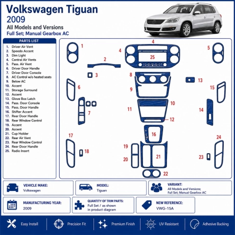 Volkswagen Tiguan 2009-2009 Komplettset, Schaltgetriebe AC 3D Armaturenbrett-Dekor-Set 2