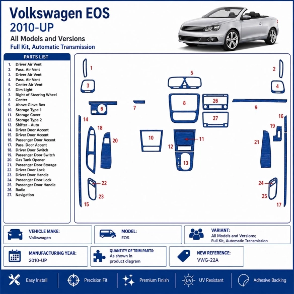Volkswagen EOS 2010-heute 3D Cockpit Dekor Interieurleisten Set As shown in product diagram-teilig