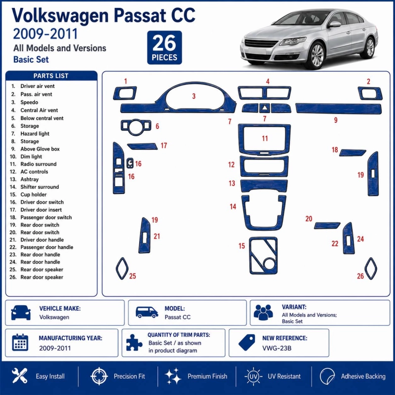 Volkswagen Passat CC 2009-2011 3D Cockpit Dekor Interieurleisten Set Basic Set / as shown in product diagram-teilig