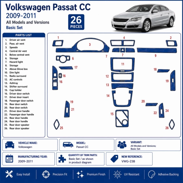 Volkswagen Passat CC 2009-2011 3D Cockpit Dekor Interieurleisten Set Basic Set / as shown in product diagram-teilig