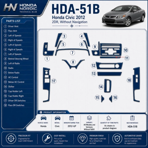 Honda Civic 2012-heute 3D Cockpit Dekor Interieurleisten Set As shown in product diagram-teilig