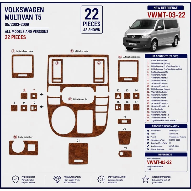Volkswagen Multivan T5 2003-2009 3D Armaturenbrett-Dekor-Set, 22 Teile