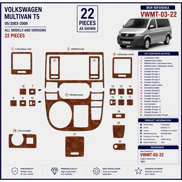 Volkswagen Multivan T5 2003-2009 3D Armaturenbrett-Dekor-Set, 22 Teile